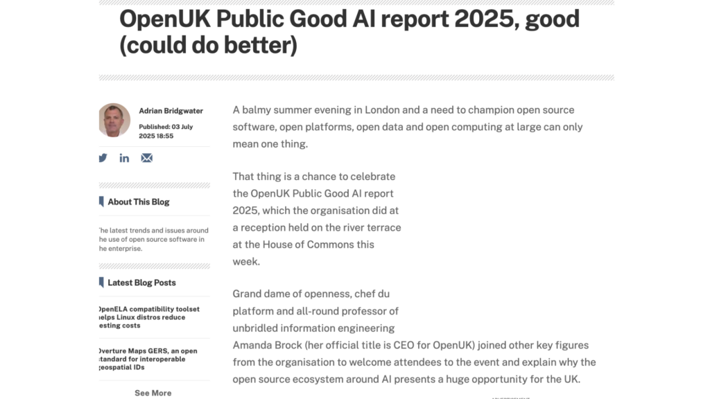 OpenUK’s latest AI Openness Update is featured by Computer Weekly’s Adrian Bridgwater